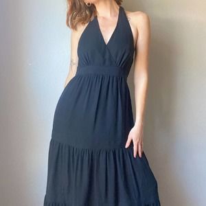 Talbots 100% Silk Black Tiered Halter Maxi Dress